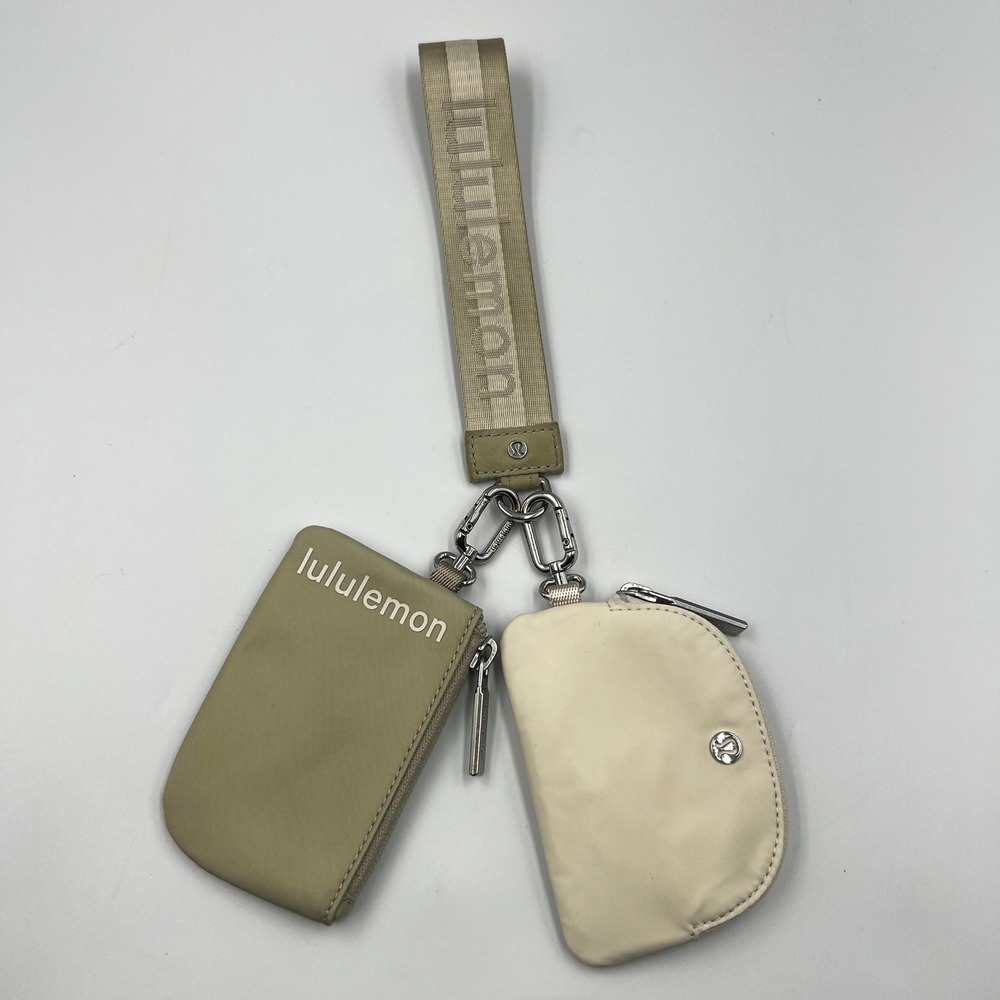 Lululemon Dual Pouch Wristlet Khaki Cream Silver Hardware Logo Strap Accessory